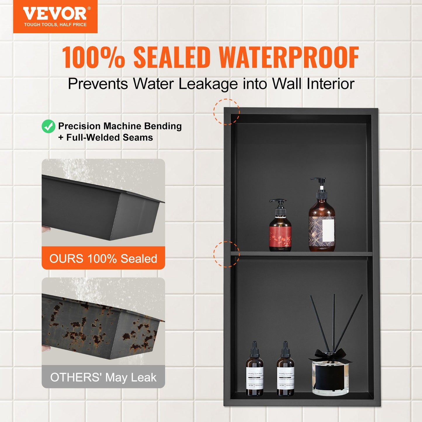 VEVOR 33.02 x 63.5 cm No Tile Shower Niche 304 Stainless Steel, Wall-Inserted Niche