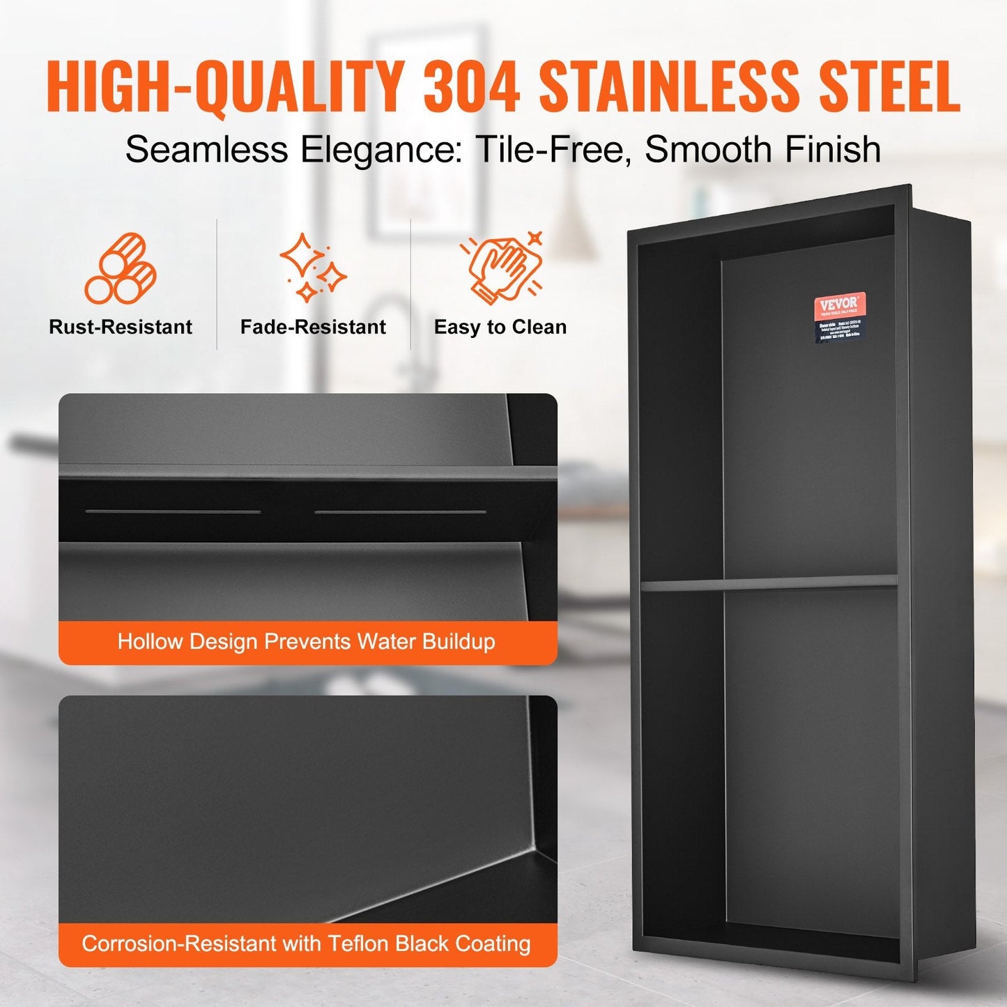 Stainless Steel Shower Niche with Double Shelves, Rust-Resistant, 33x63 cm