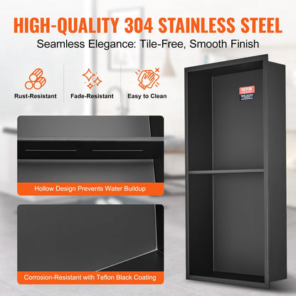 Stainless Steel Shower Niche with Double Shelves, Rust-Resistant, 33x63 cm
