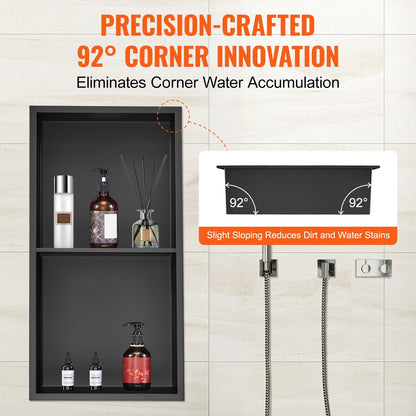 Stainless Steel Shower Niche with Double Shelves, Rust-Resistant, 33x63 cm
