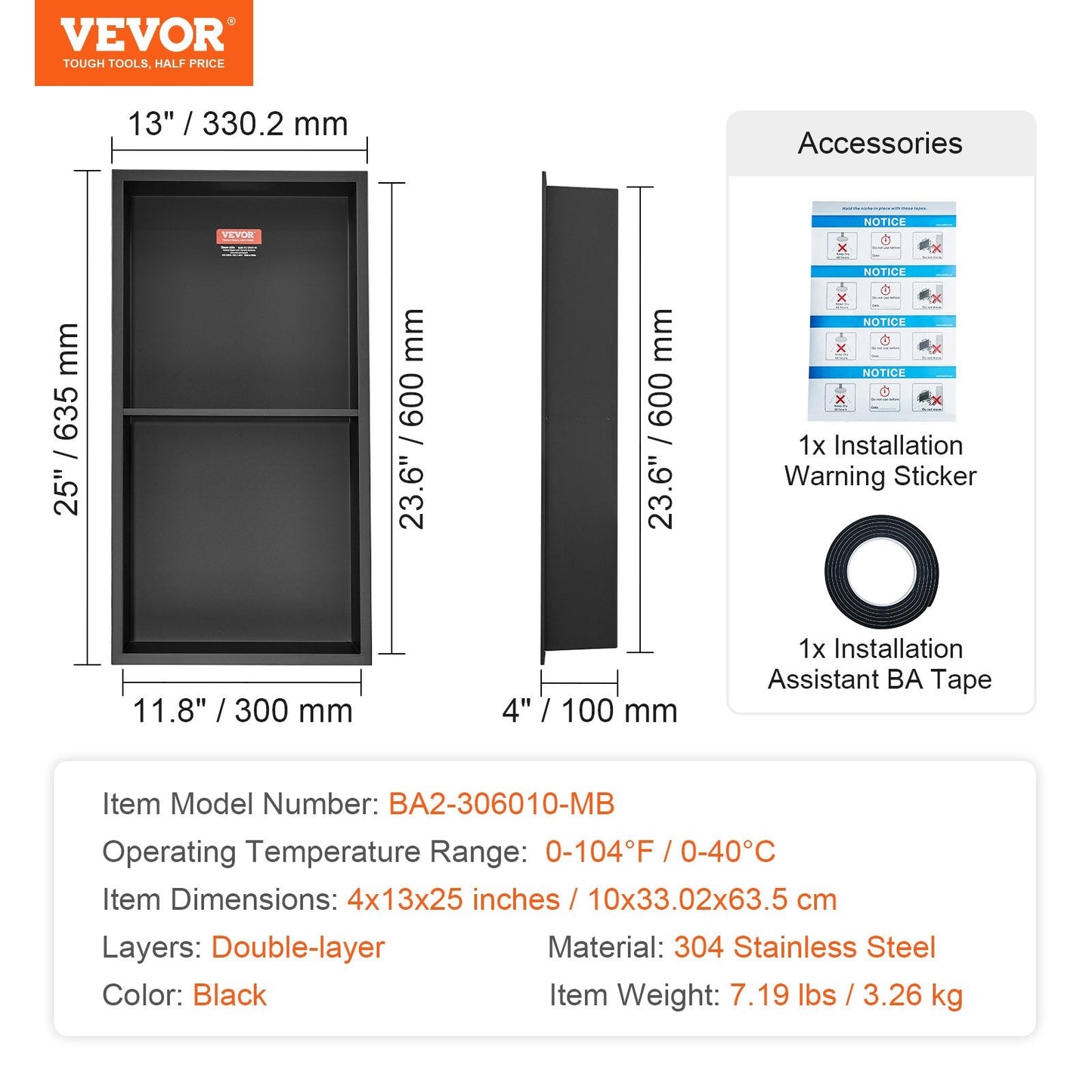 Stainless Steel Shower Niche with Double Shelves, Rust-Resistant, 33x63 cm