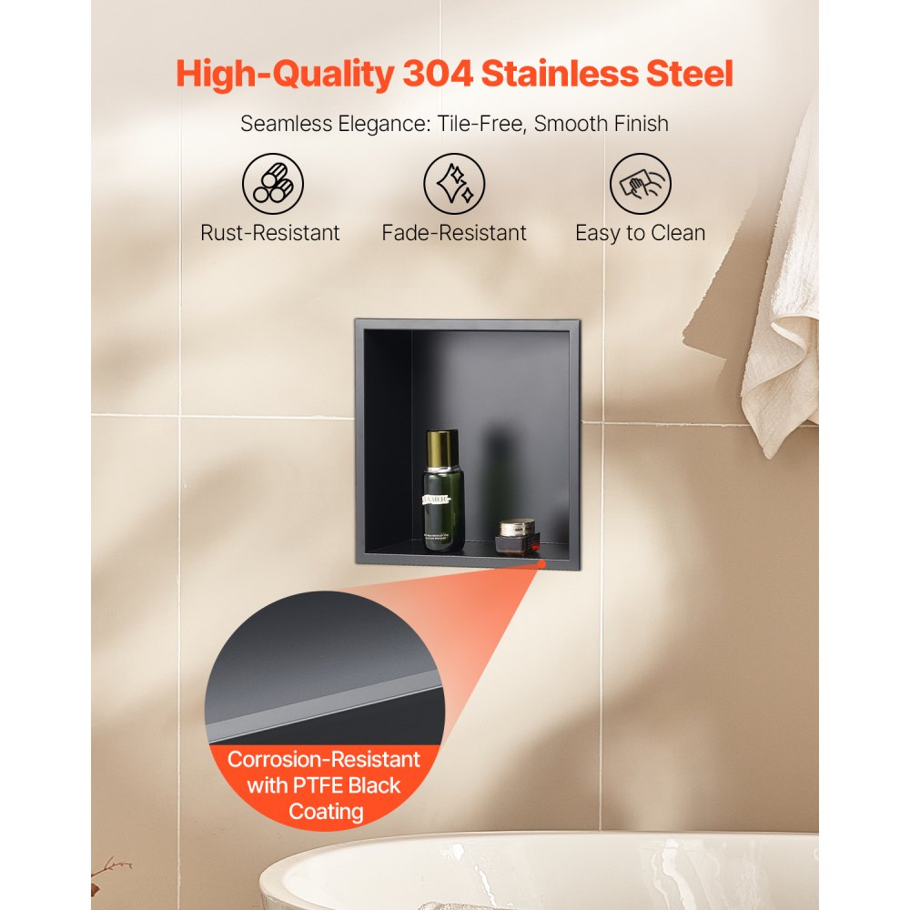 VEVOR Shower Niche 33.0 x 33.0 x 10.2 cm Recessed Wall Shelf Stainless Steel Black