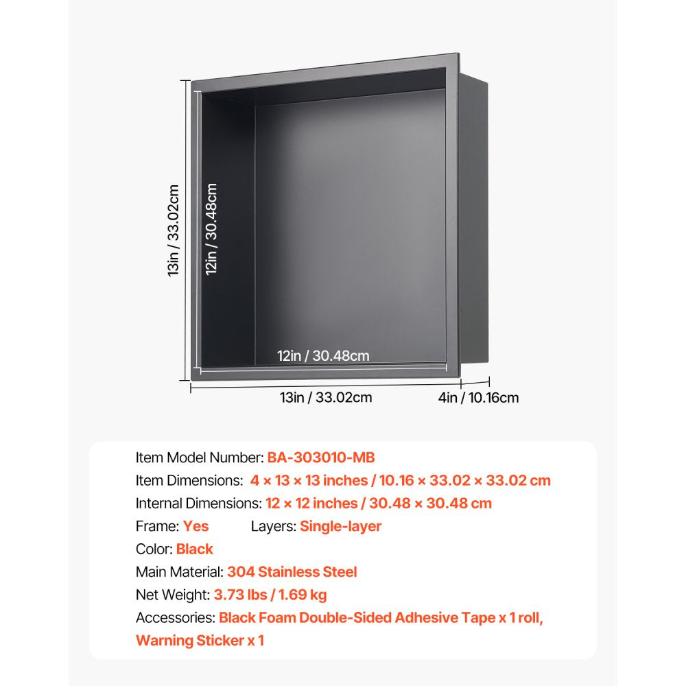 VEVOR Shower Niche 33.0 x 33.0 x 10.2 cm Recessed Wall Shelf Stainless Steel Black