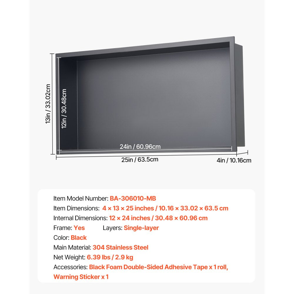 VEVOR Shower Niche 33.0x63.5x10.2cm Recessed Wall Shelf Stainless Steel