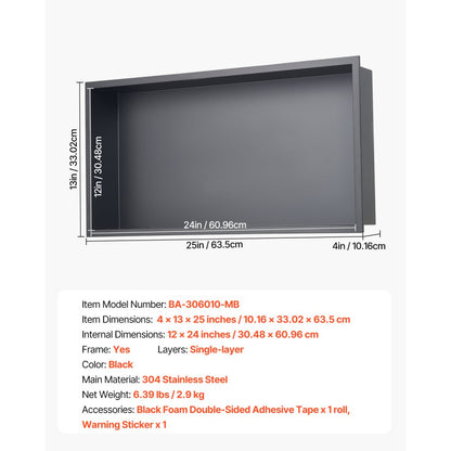 VEVOR Shower Niche 33.0x63.5x10.2cm Recessed Wall Shelf Stainless Steel