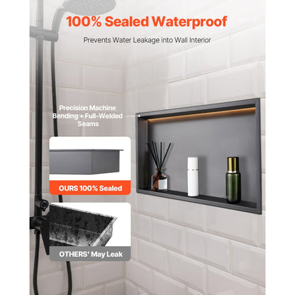 VEVOR Shower Niche 33.0x63.5x10.2 cm Recessed Shelf W/ LED Strip Stainless Steel