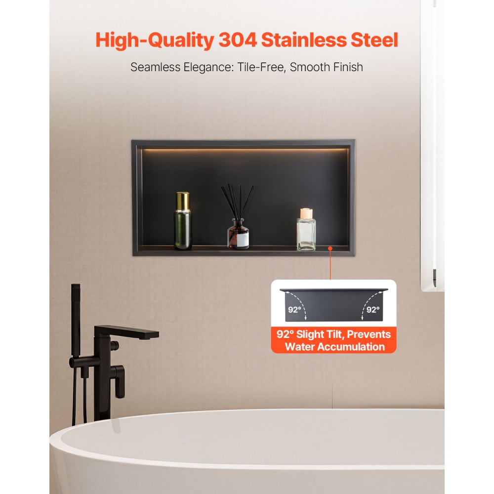 VEVOR Shower Niche 33.0x63.5x10.2 cm Recessed Shelf W/ LED Strip Stainless Steel
