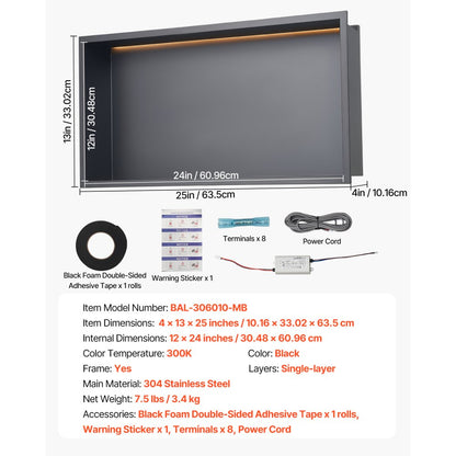 VEVOR Shower Niche 33.0x63.5x10.2 cm Recessed Shelf W/ LED Strip Stainless Steel