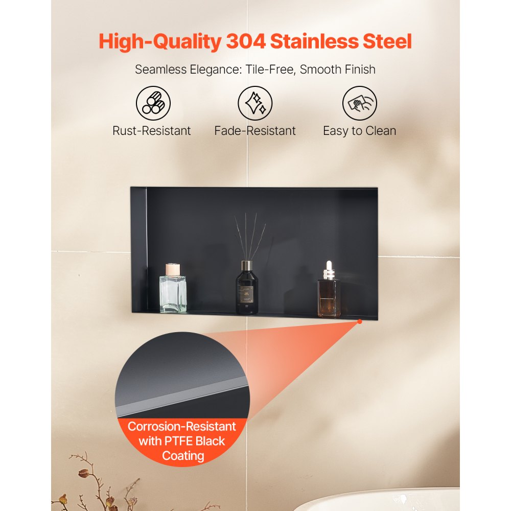 VEVOR Shower Niche 33.0 x 63.5 x 10.2 cm Frameless Recessed Shelf Stainless Steel