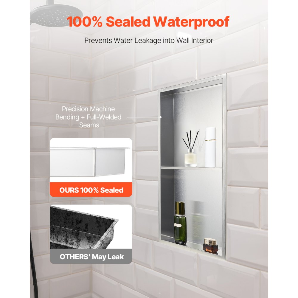 VEVOR Shower Niche 33.0 x 63.5 x 10.2 cm Recessed Wall Shelf Stainless Steel Silver