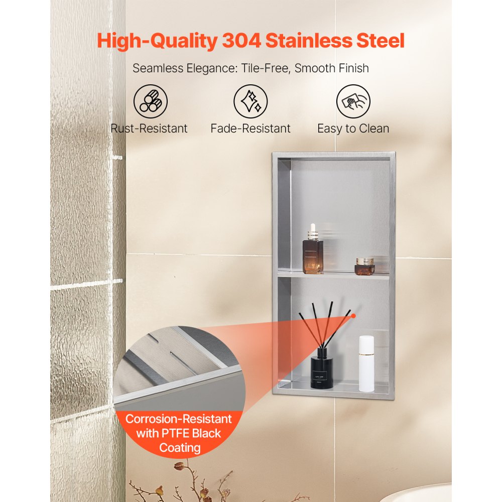 VEVOR Shower Niche 33.0 x 63.5 x 10.2 cm Recessed Wall Shelf Stainless Steel Silver