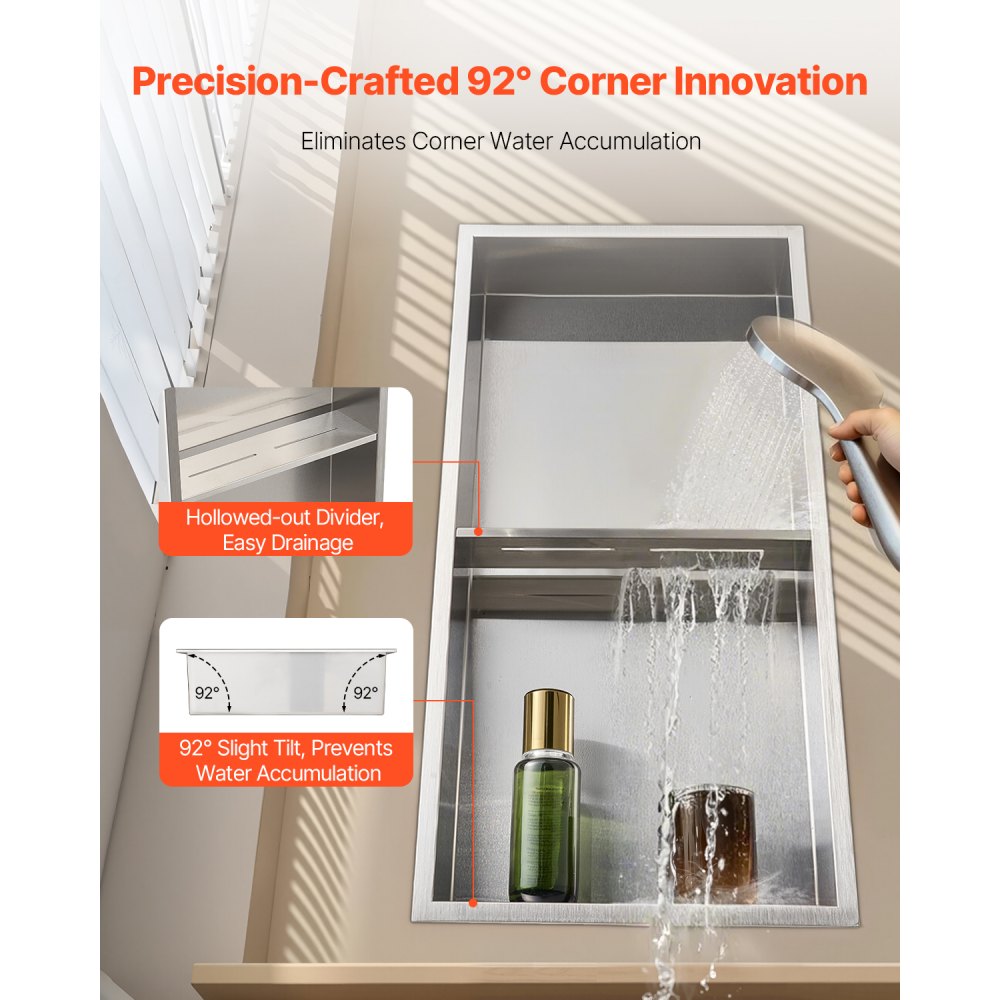 VEVOR Shower Niche 33.0 x 63.5 x 10.2 cm Recessed Wall Shelf Stainless Steel Silver