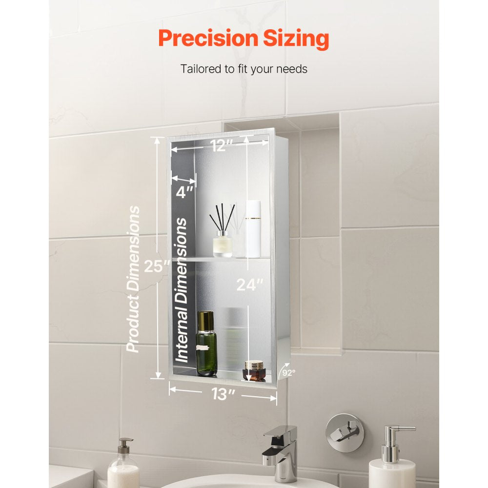 VEVOR Shower Niche 33.0 x 63.5 x 10.2 cm Recessed Wall Shelf Stainless Steel Silver