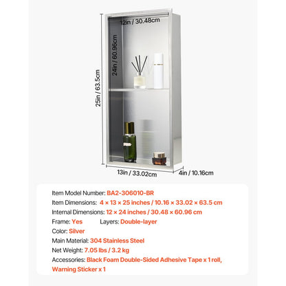 VEVOR Shower Niche 33.0 x 63.5 x 10.2 cm Recessed Wall Shelf Stainless Steel Silver