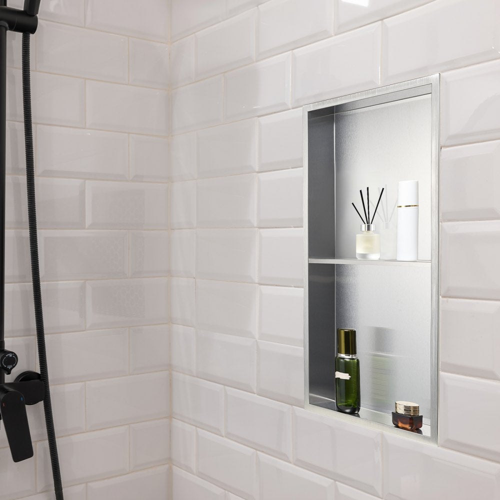 VEVOR Shower Niche 33.0 x 63.5 x 10.2 cm Recessed Wall Shelf Stainless Steel Silver