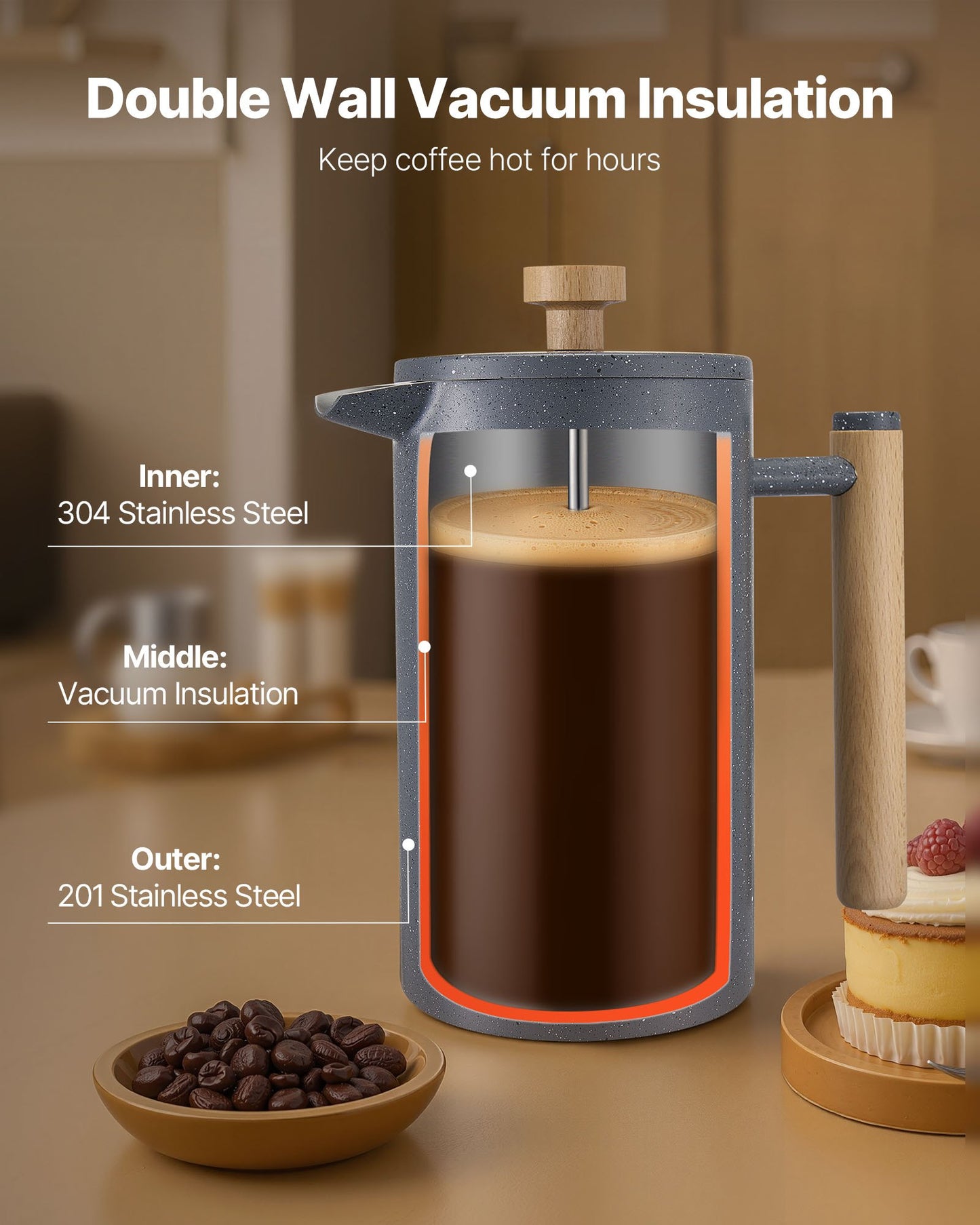 French Press Coffee Maker, 1 Liter Stainless Steel Coffee Press Tea Maker with Filter, Large Double Wall Insulated French Presses Cold Brew for Camping Travel Home Kitchen, Black