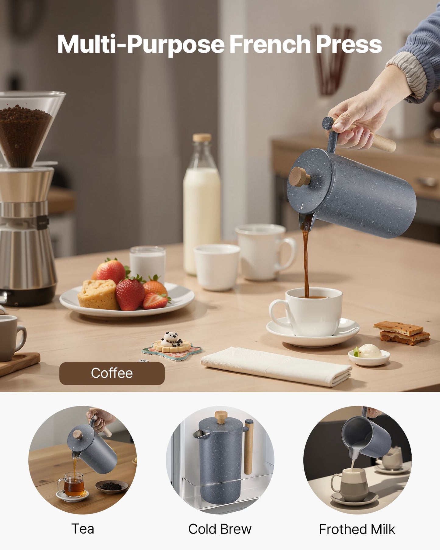 French Press Coffee Maker, 1 Liter Stainless Steel Coffee Press Tea Maker with Filter, Large Double Wall Insulated French Presses Cold Brew for Camping Travel Home Kitchen, Black