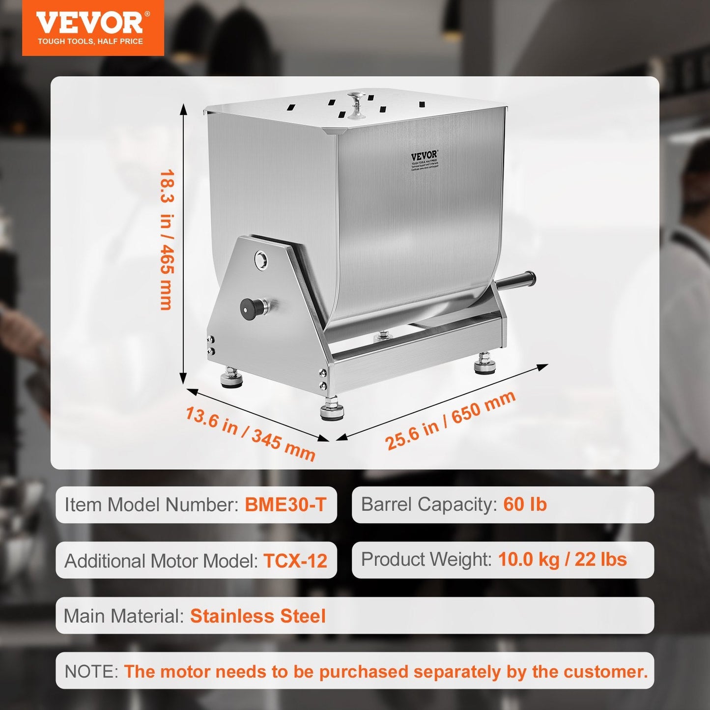 30L Stainless Steel Manual Meat Mixer with Tilting Barrel for Sausage Making