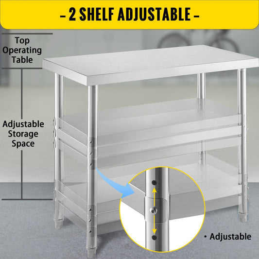 Stainless Steel Restaurant Prep Table with Adjustable Shelves, 122x35x85.5 cm