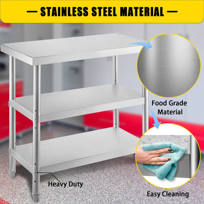 Commercial Stainless Steel Prep Table with Adjustable Shelves, 152x45x85.5 cm