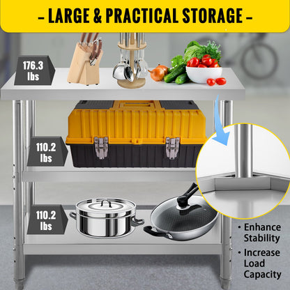 VEVOR Stainless Steel Prep Table, 1520x450x855 mm Commercial Stainless Steel Table,