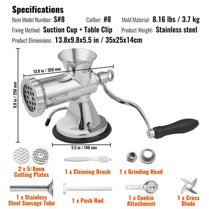 Stainless Steel Manual Meat Grinder with Suction Cup & Table Clamp, 3.7 kg