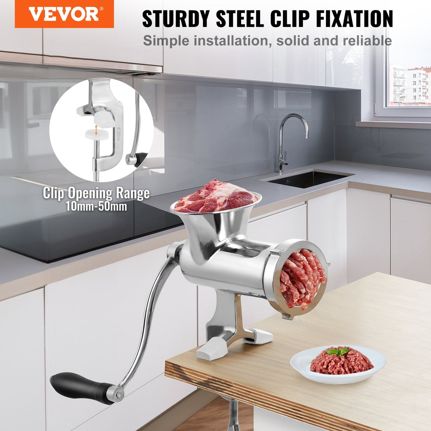 VEVOR Manual Meat Grinder, 304 Stainless Steel Hand Meat Grinder with Steel Table