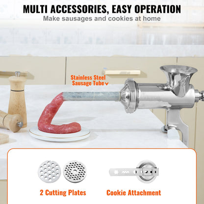 Stainless Steel Manual Meat Grinder with Table Clamp and Sausage Maker