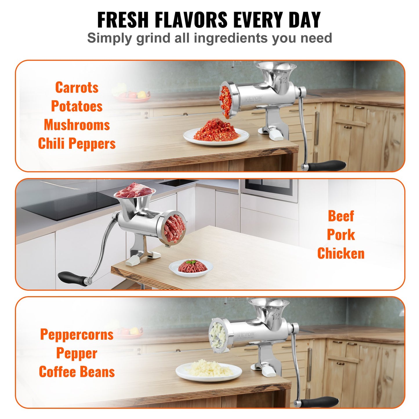 VEVOR Manual Meat Grinder, 304 Stainless Steel Hand Meat Grinder with Steel Table