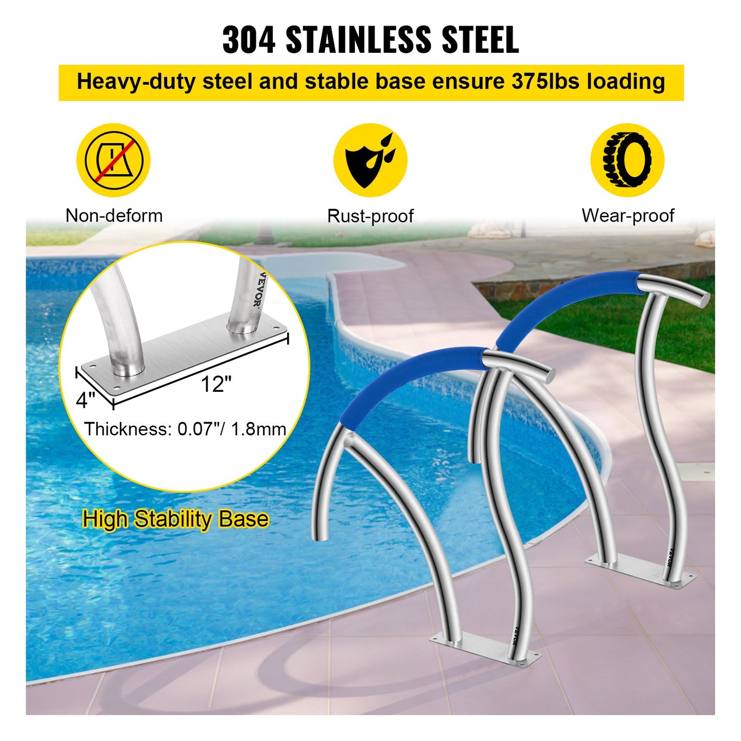 VEVOR Pool Handrail, 30" x 30" Swimming Pool Stair Rail, 2 PCs Stainless Steel Stair
