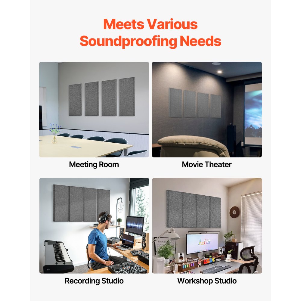 VEVOR 4 PCS Acoustic Wall Panels 5 cm Thick 60 x 30 cm Self-adhesive Gray
