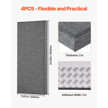 VEVOR 4 PCS Acoustic Wall Panels 5 cm Thick 60 x 30 cm Self-adhesive Gray