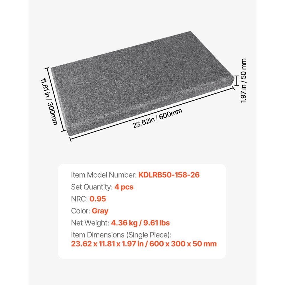 VEVOR 4 PCS Acoustic Wall Panels 5 cm Thick 60 x 30 cm Self-adhesive Gray