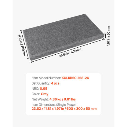 VEVOR 4 PCS Acoustic Wall Panels 5 cm Thick 60 x 30 cm Self-adhesive Gray