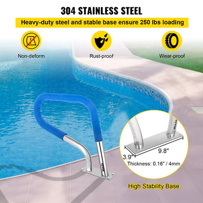 Stainless Steel Pool Handrail with Blue Grip - 113 kg Capacity, 76.2x55.8 cm