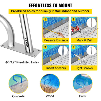 Stainless Steel Pool Handrail with Blue Grip - 113 kg Capacity, 76.2x55.8 cm