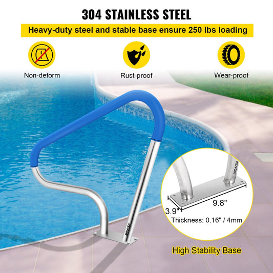 Stainless Steel Pool Handrail with Blue Grip - 113 kg Capacity, 0.98 x 0.81 m