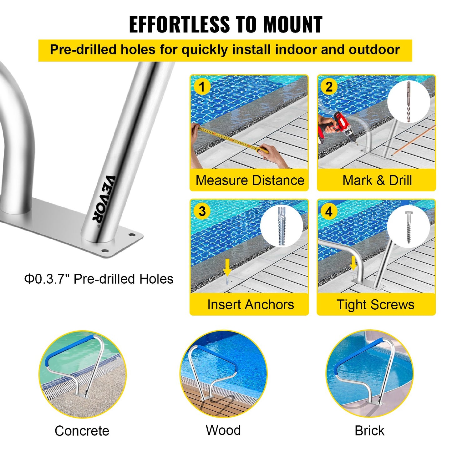 VEVOR Pool Rail 48x36 Pool Railing 304 Stainless Steel 250LBS Load Capacity Silver