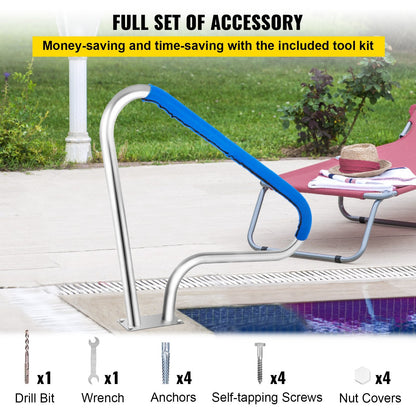 Stainless Steel Pool Handrail with Blue Grip Cover, 113 kg Load Capacity