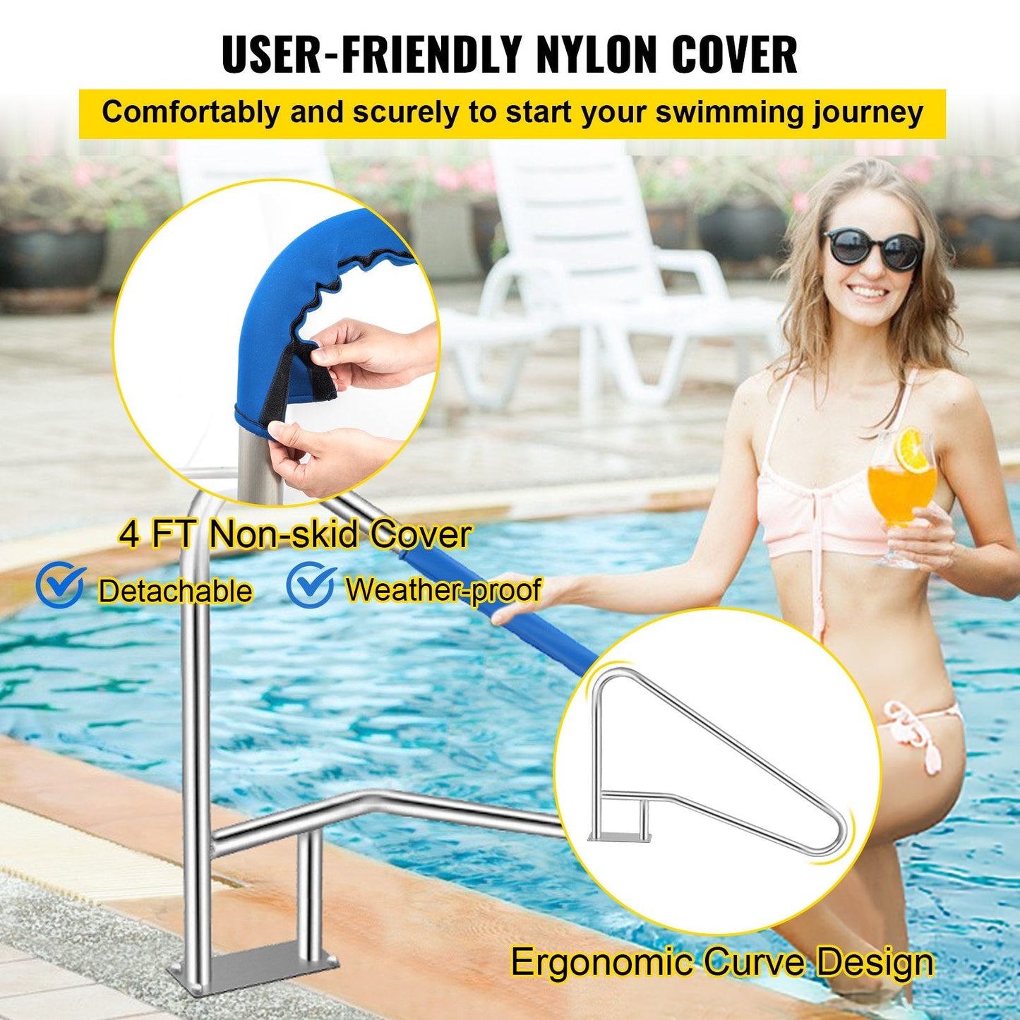 Stainless Steel Pool Handrail with Blue Grip, 137x91.4 cm, 113 kg Capacity