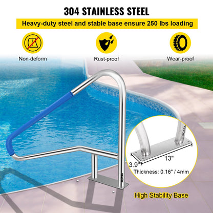 Stainless Steel Pool Handrail with Blue Grip, 137x91.4 cm, 113 kg Capacity