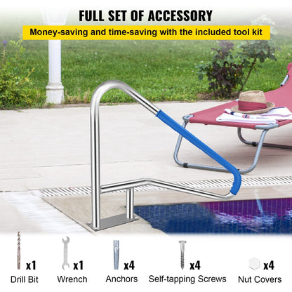 Stainless Steel Pool Handrail with Blue Grip, 137x91.4 cm, 113 kg Capacity