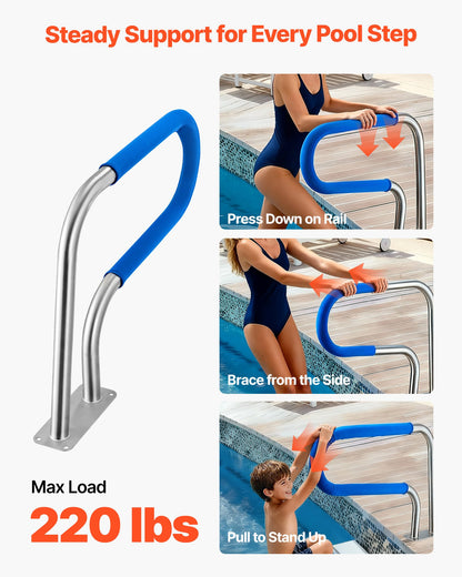 Pool Rail, 78.8 x 55.8 cm Pool Handrail, 100kg Load Capacity Heavy Duty 304 Stainless Steel Swimming Handrail, Detachable Nonslip Sleeve, Rich Accessories, for Poolside, Water Parks， Spa Centers