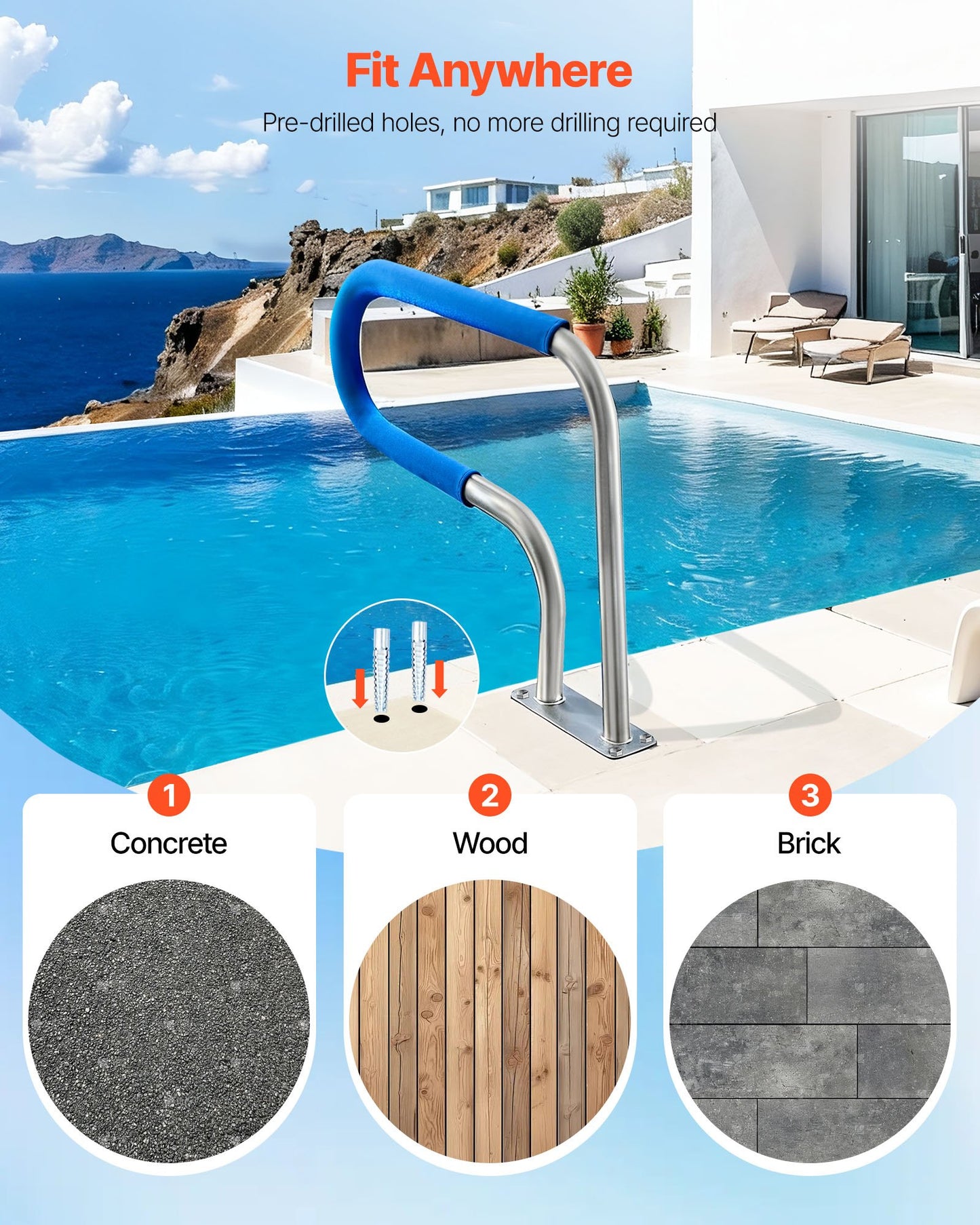 Pool Rail, 78.8 x 55.8 cm Pool Handrail, 100kg Load Capacity Heavy Duty 304 Stainless Steel Swimming Handrail, Detachable Nonslip Sleeve, Rich Accessories, for Poolside, Water Parks， Spa Centers