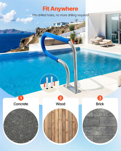 Pool Rail, 78.8 x 55.8 cm Pool Handrail, 100kg Load Capacity Heavy Duty 304 Stainless Steel Swimming Handrail, Detachable Nonslip Sleeve, Rich Accessories, for Poolside, Water Parks， Spa Centers