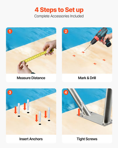 Pool Rail, 122 x 91.5 cm Pool Handrail, 100kg Load Capacity Heavy Duty 304 Stainless Steel Swimming Handrail, Detachable Nonslip Sleeve, Rich Accessories, for Poolside, Water Parks, Spa Centers