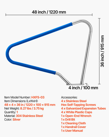 Pool Rail, 122 x 91.5 cm Pool Handrail, 100kg Load Capacity Heavy Duty 304 Stainless Steel Swimming Handrail, Detachable Nonslip Sleeve, Rich Accessories, for Poolside, Water Parks, Spa Centers