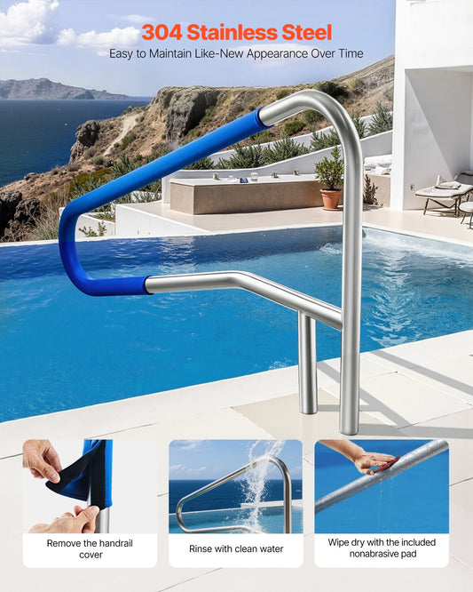 Pool Rail, 137.1 x 81.3 cm Pool Handrail, 100kg Load Capacity Heavy Duty 304 Stainless Steel Swimming Handrail, Detachable Nonslip Sleeve, Recessed or Base Mount, for Poolside, Water Parks
