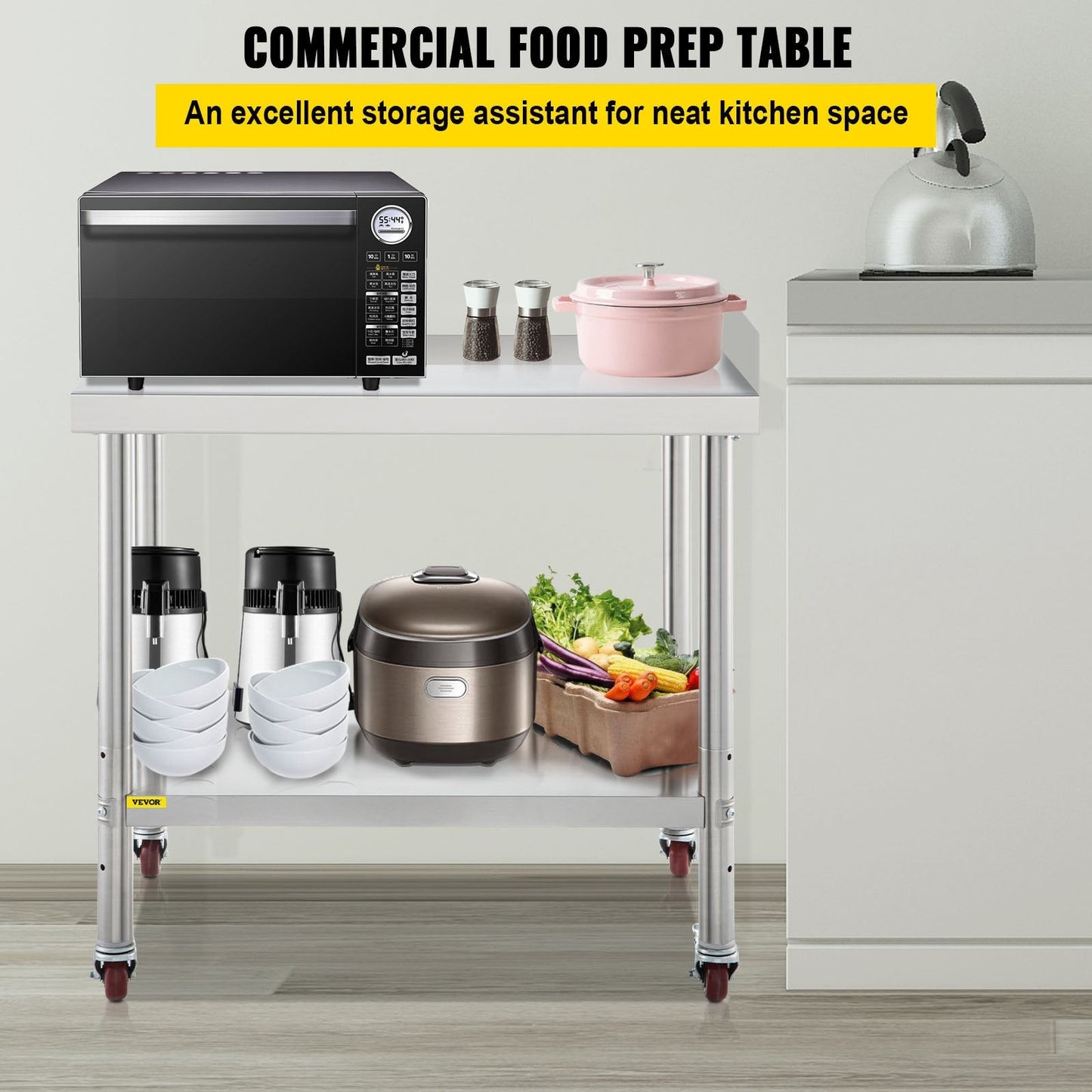 Stainless Steel Kitchen Work Table with Backsplash and Adjustable Shelf, 200 kg Load