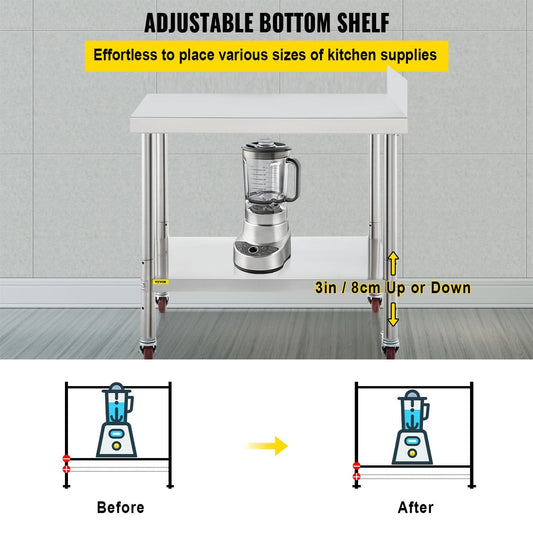 Stainless Steel Kitchen Work Table with Backsplash and Adjustable Shelf, 200 kg Load